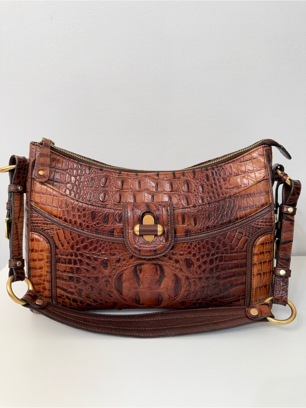 Brahmin Pecan Brown Hobo Shoulder Bag Crocodile Embossed Leather Gold Hardware